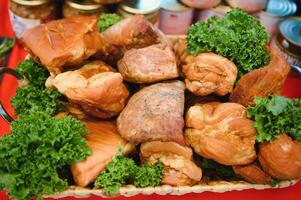 Smoked pork meat products composition photo