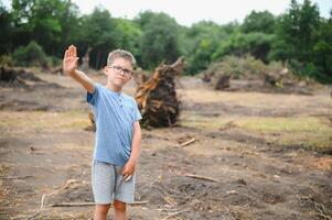 deforestation A sad boy stands in the middle of a cut forest. photo