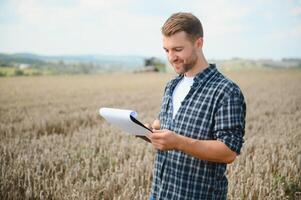 contento granjero con orgullo en pie en un campo. combinar segador conductor yendo a cosecha Rico trigo cosecha. agrónomo vistiendo franela camisa, mirando a cámara en un tierras de cultivo foto