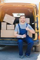 delivery service employee. Portrait of man working in delivery service photo