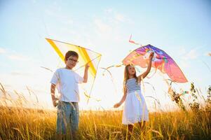 Children launch a kite in the field at sunset photo