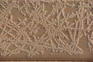 Brown wood texture with white frost patterns. Winter background. photo