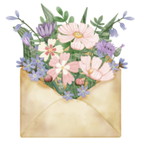 mão desenhar Primavera flores dentro velho envelope png