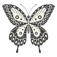 Butterfly vector illustration. Y2k style aesthetic, wing shapes in front view, a magic ornamental symbol. Black and white monochrome element, tattoo graphic print with pattern