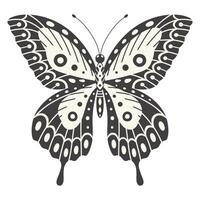 Butterfly vector illustration. Y2k style aesthetic, wing shapes in front view, a magic ornamental symbol. Black and white monochrome element, tattoo graphic print with pattern