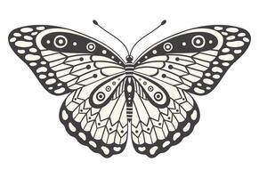 Monarch butterfly, vector illustration. Y2k style aesthetic, wing shapes in front view, a magic ornamental symbol. Black and white monochrome element, tattoo graphic print with pattern