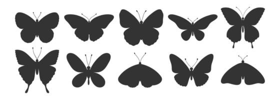 Butterfly silhouettes set. Simple black shapes of wings butterflies and moths, tattoos. Vector illustration, insect icons