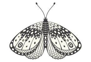 Moth or butterfly illustration. Y2k style aesthetic, wing shapes in front view, a magic ornamental symbol. Black and white element, tattoo graphic print with wave and dots abstract pattern, vector