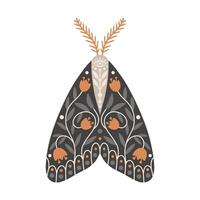 Moth icon with ornament of flowers and leaves. Vintage mystical moth or butterfly. Flying celestial insect, vector illustration