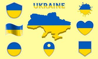 Collection of flat national flags of Ukraine with map vector