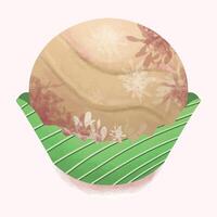 vector illustration of a round white chocolate cake wrapped in a green paper container