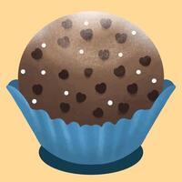 cute vector illustration of a round white chocolate cake with small chocolate hearts sprinkled on top wrapped in blue paper