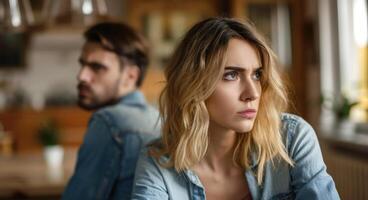 AI generated A woman and a man are in a quarrel. The husband is financially exploiting his wife. Domestic violence. Psychological help. Unemployed spouse. Parasitism. Problems in relationships. photo