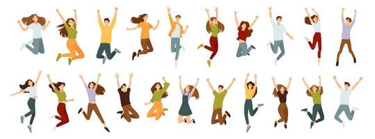 Big set of hugging people in flat style. Men and women are in a dynamic jumping pose. vector