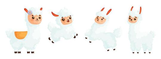 Kawaii Isolated Llama. White Wooly Llama or Alpaca as Domesticated South American Camelid Set vector