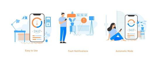 Onboarding slides for the home heating system application. The topic of controlling underfloor heating and radiators in an apartment. Easy control, notification system and automatic mode. vector