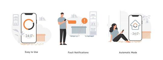 Onboarding slides for the home heating system application. The topic of controlling underfloor heating and radiators in an apartment. Easy control, notification system and automatic mode. vector