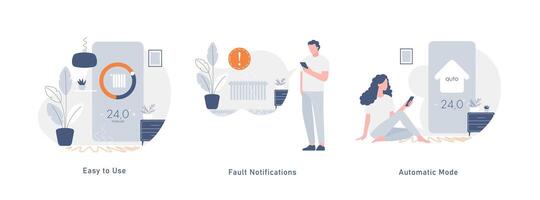 Onboarding slides for the home heating system application. The topic of controlling underfloor heating and radiators in an apartment. Easy control, notification system and automatic mode. vector