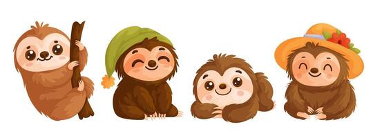 Set of four cute sloths. Brown and brown happy and cheerful sloth in different poses. Cartoon vector style.