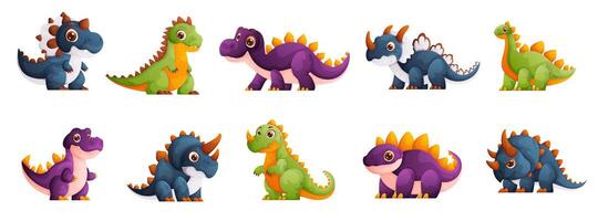 Set of small dinosaurs in green, blue and purple. Ancient inhabitants of the earth. Cute Dinosaurs of different types. Cartoon style, vector illustration.