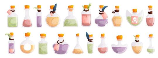 Set of twenty Magic bottles for witchcraft. Game potion. Cartoon elixir for strength mana and stamina, love potion poison and antidote in magic phials. vector