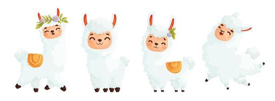 Set of four cute llamas. White happy and cheerful llama in different poses. Cartoon vector style.