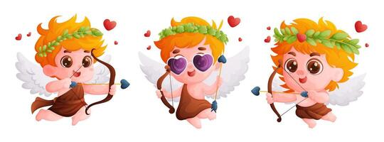 Set of floating cupids with bow and arrow. Symbol of Valentine's Day, a little boy with big wings gives love. Cartoon style, illustration. vector