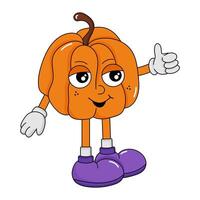 Cute groovy pumpkin character. Pumpkin for Halloween in retro style. Vintage retro character in hippie 70's style vector