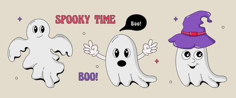 Cartoon groovy halloween character's set. Set of vintage retro ghost in hippie 70's style. Ghost with a potion in a hat and boots vector