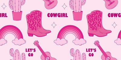Pink cowgirl seamless pattern. Set of wild west pattern in pink color. Retro pink pattern with hat, flower, guitar, boots, pointer vector