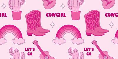 Pink cowgirl seamless pattern. Set of wild west pattern in pink color. Retro pink pattern with hat, flower, guitar, boots, pointer vector