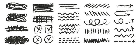 Black charcoal squiggle shapes, numbers and lines set. Set of charcoal doodle elements. Scribble shapes, lines and arrows with grunge charcoal texture vector