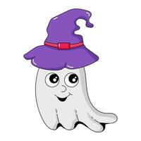 Cartoon groovy halloween ghost. Vintage retro ghost in hippie 70's style. Ghost character in a hat vector