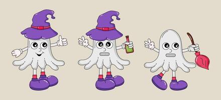 Cartoon groovy halloween character's set. Set of vintage retro ghost in hippie 70's style. Ghost with a potion in a hat and boots vector