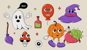 Cartoon groovy halloween character's set. Set of vintage retro characters in hippie 70's style. Retro pumpkin, hat, ghost, broom, potion, ball vector