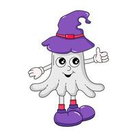Cartoon groovy halloween ghost. Vintage retro ghost in hippie 70's style. Ghost character in a hat vector