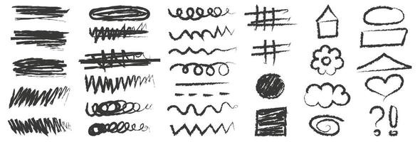 Black charcoal squiggle shapes set. Set of charcoal doodle elements. Scribble shapes with grunge charcoal texture vector