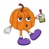 Groovy pumpkin character. Pumpkin for Halloween in retro style with a potion in hand. Vintage retro character in hippie 70's style vector