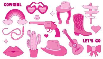 Retro pink cowgirl set. Set of wild west illustration in pink color. Retro pink hat, flower, heart, revolver, glasses, horseshoe, guitar, lips, rainbow, bow, boots vector