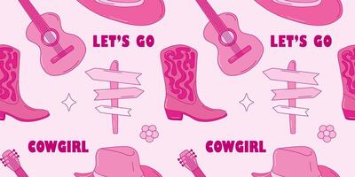Pink cowgirl seamless pattern. Set of wild west pattern in pink color. Retro pink pattern with hat, flower, guitar, boots, pointer vector
