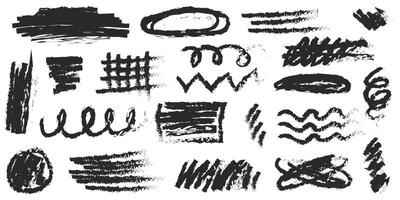 Black charcoal squiggle shapes, numbers and lines set. Set of charcoal doodle elements. Scribble shapes, lines and arrows with grunge charcoal texture vector