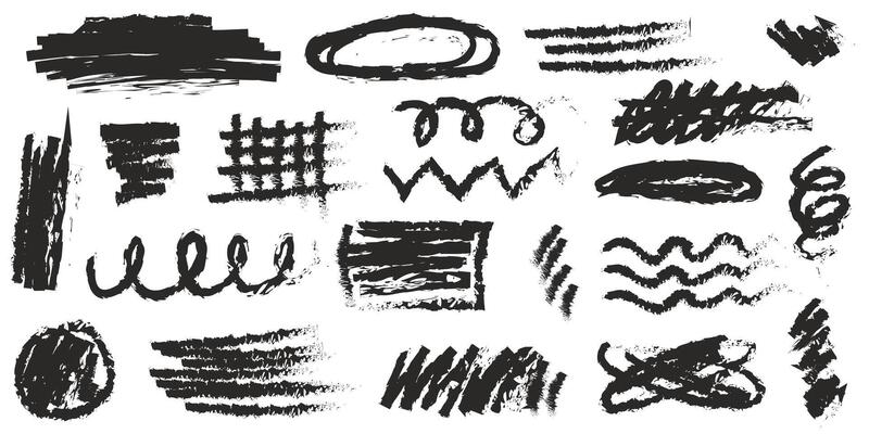 Black charcoal squiggle shapes, numbers and lines set. Set of charcoal doodle elements. Scribble shapes, lines and arrows with grunge charcoal texture