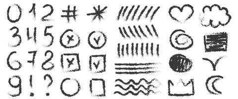 Black charcoal squiggle shapes, numbers and lines set. Set of charcoal doodle elements. Scribble shapes, lines and arrows with grunge charcoal texture vector