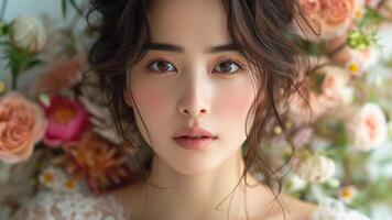 ai generado nupcial belleza asiático mujer en eterno jardín Boda alta costura foto