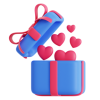 hjärtans dag gåva design. realistisk röd gåvor lådor. öppen gåva låda full av röd hjärtan. romantisk 3d png