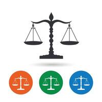 Scales of justice icon. Court of law symbol. Flat scale signs in circles. Round buttons for web. Vector illustration