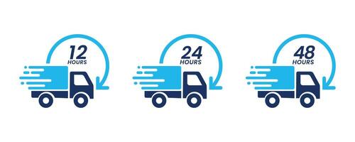 Envío rápido entrega 12h, 24 horas, 48h camión con flecha reloj icono símbolo, vector ilustración