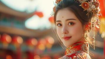 AI generated Asian Beauty Traditional Dance Amidst Ancient Splendor photo