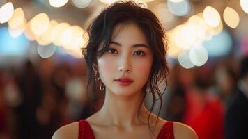 AI generated Red Carpet Glamour Asian Woman in Sophisticated Eveningwear photo