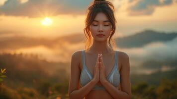 ai generado asiático mujer practicando amanecer yoga serenidad en montaña picos foto